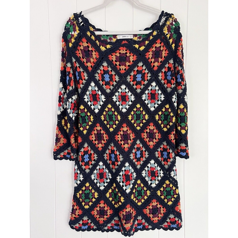 ZARA Knit Crochet Granny Square Dress Patchwork Boho Festival Hippie Medium